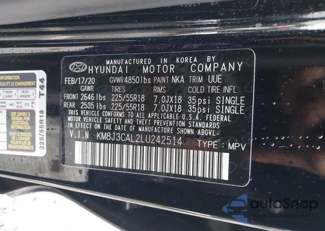 2020 Hyundai Tucson Ultimate z USA, uszkodzony, nr VIN KM8J3CAL2LU242514